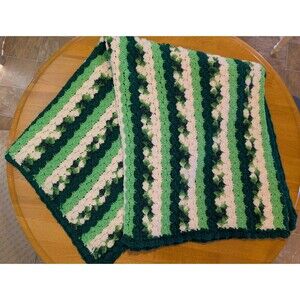 Handmade Green & White Striped Crochet Afghan Blanket 4.5'x7'
